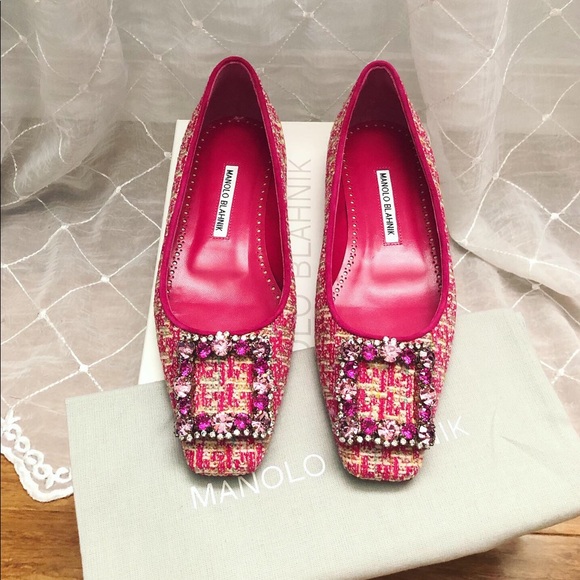 Manolo blahnik CAZA Pink tweed crystal buckle flat - Picture 3 of 5